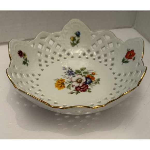 German Porcelain‎ Hand Painted Gilded Floral Motif Reticulated Rim Bowl K&K 1884 - Picture 1 of 10
